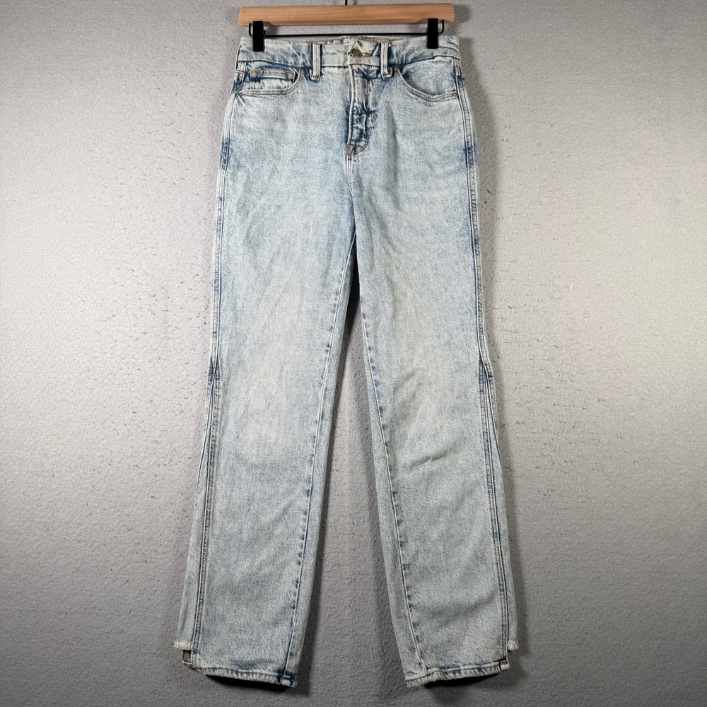 Good American Good Curve Straight Step‎ Insert Outseam Acid Wash Jeans 2/26 Blue